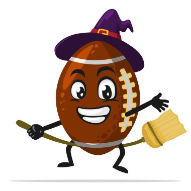 Rugby maskotu veya cadı kostümü giyen ve uçan süpürgeye binen karakterin vektör çizimi