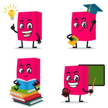 Eğitim temalı alışveriş çantası karakter veya maskot koleksiyonunun vektör illüstrasyonu