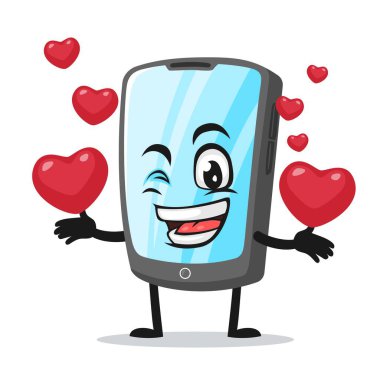 Tablet karakter veya maskotunun vektör çizimi aşk sembolleri getiriyor