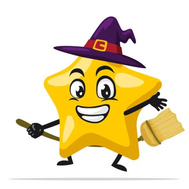 Yıldız maskotu veya cadı kostümü giyen ve uçan süpürgeye binen karakterin vektör çizimi