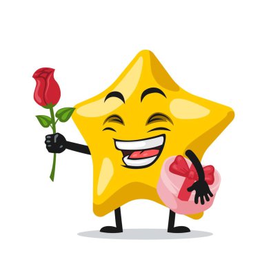 Yıldız maskotu veya karakterinin vektör illüstrasyonu Çiçek ver ve pembe hediyeyi tut