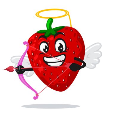 Çilek maskotu veya aşk tanrısı kostümü giyen ve elinde yay tutan karakterin vektör çizimi