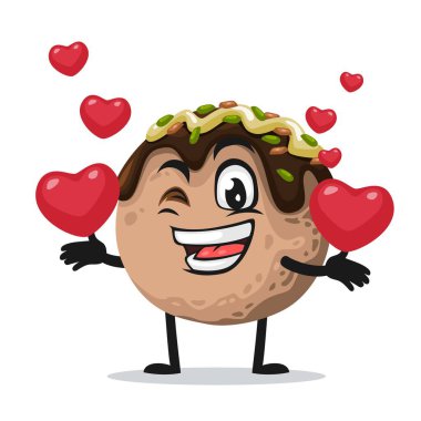 Takoyaki maskotu veya karakterinin vektör çizimi aşk sembolleri getirir