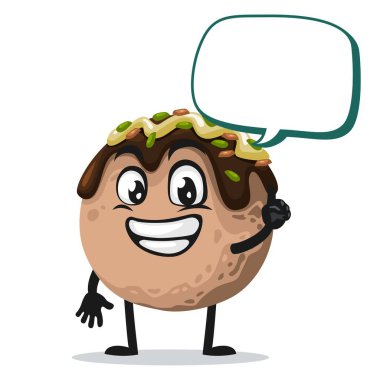 Takoyaki maskotunun veya karakterinin vektör çizimi boş balon konuşmasıyla diyor ki: