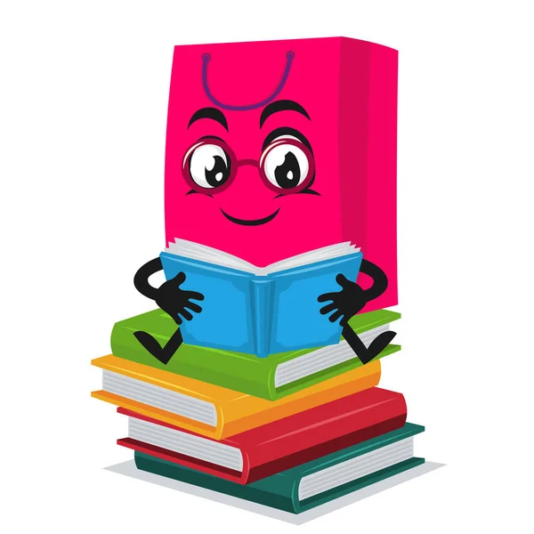Vector Ilustración Carácter Bolsa Compras Libro Lectura Mascota — Vector de stock
