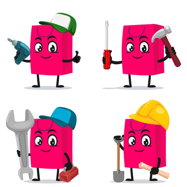 Vector Illustration Shopping Bag Character Mascot Collection Set Service Repair — Stock Vector