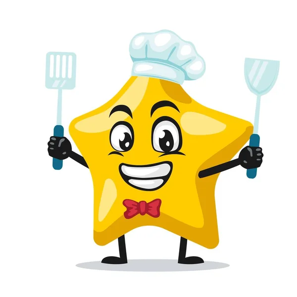 Vector Illustration Star Mascot Character Wearing Chef Hat Holding Spatula — Stock Vector