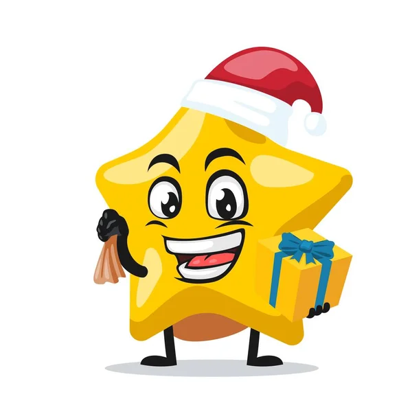 Vector Illustration Star Mascot Character Wearing Santa Hat — Stock Vector
