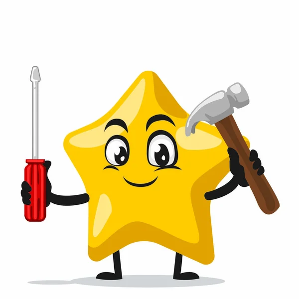Vector Illustration Star Mascot Character Holding Hammer Screwdriver — Stock Vector