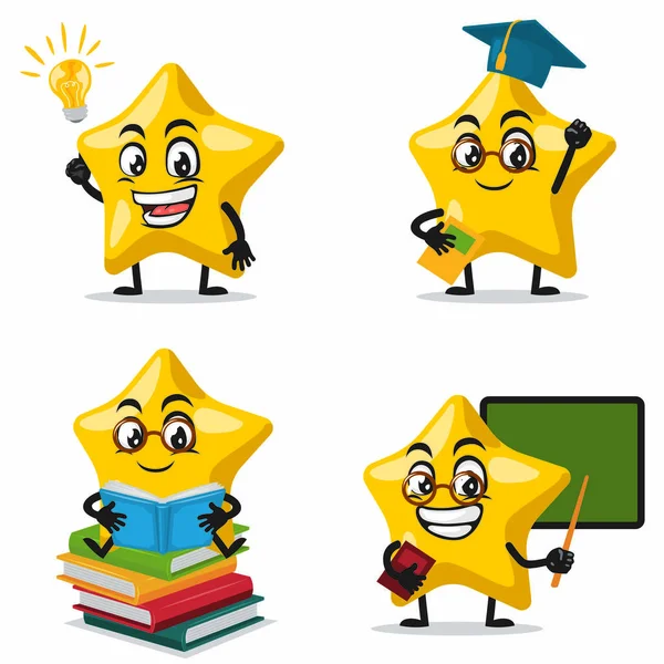 Vector Illustration Star Mascot Character Collection Set Education Theme — Stock Vector