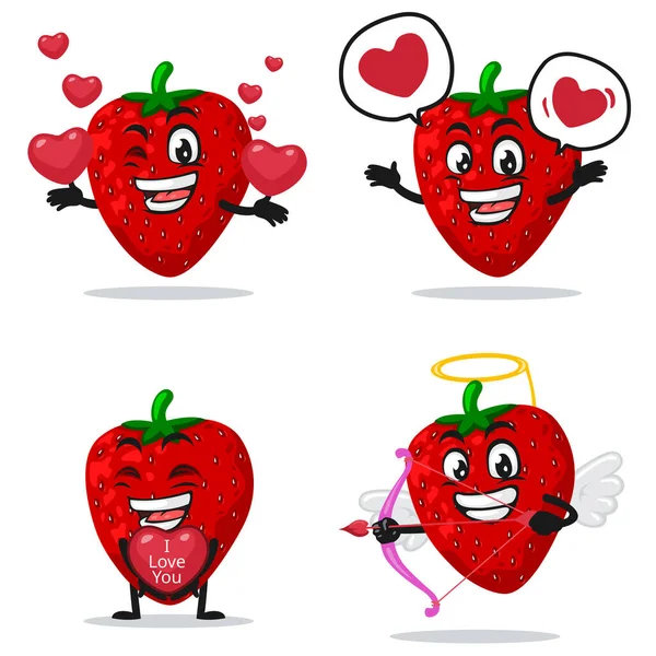 草莓吉祥物或带有爱情或情人节或爱情主题的人物集的矢量插图 — 图库矢量图片