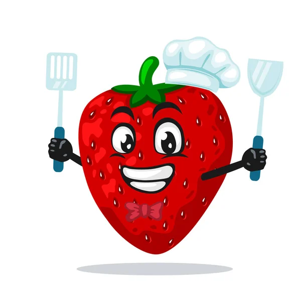 Ilustración Vectorial Mascota Fresa Personaje Con Sombrero Chef Espátula Celebración — Archivo Imágenes Vectoriales