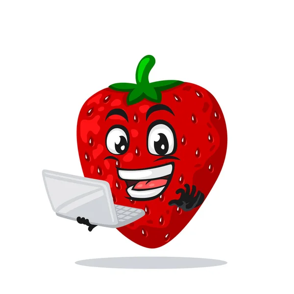 Illustration Vectorielle Mascotte Fraise Présentation Personnage Avec Ordinateur Portable — Image vectorielle