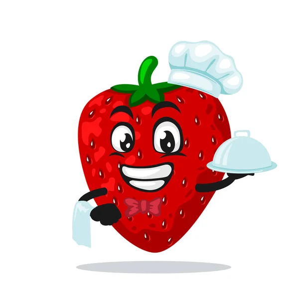 Illustration Vectorielle Mascotte Fraise Personnage Portant Chapeau Chef Servant Des — Image vectorielle