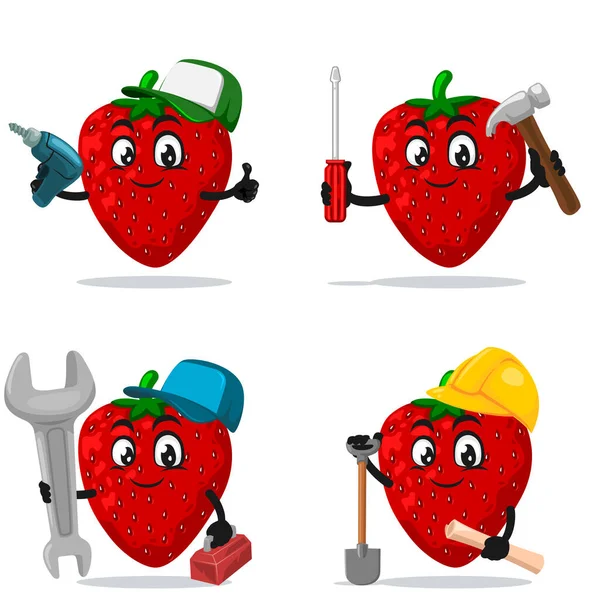 Illustration Vectorielle Mascotte Fraise Collection Caractères Ensemble Avec Thème Service — Image vectorielle