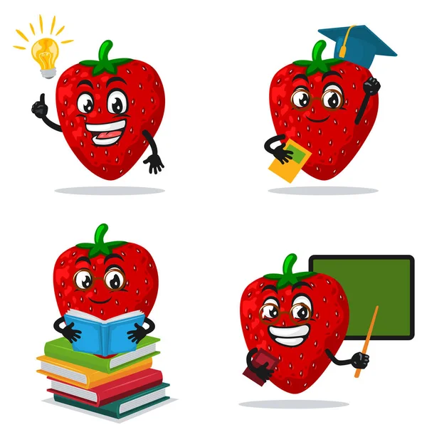 Vektor Illustration Von Erdbeer Maskottchen Oder Zeichensammlung Set Mit Bildungsthema — Stockvektor