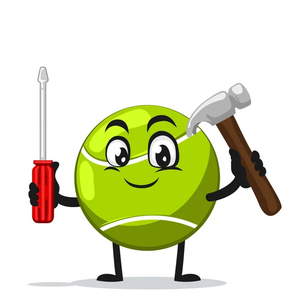 Vector Illustration Tennis Ball Mascot Character Holding Hammer Screwdriver — Stock Vector