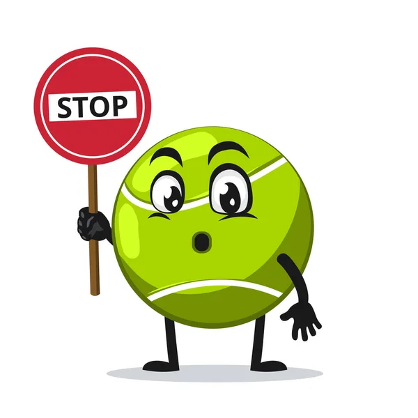 Vector Illustration Tennis Ball Mascot Character Holding Sign Says Stop — Stock Vector