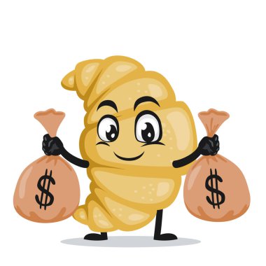 Kruvasan maskotunun vektör çizimi veya para çuvalları tutan karakter