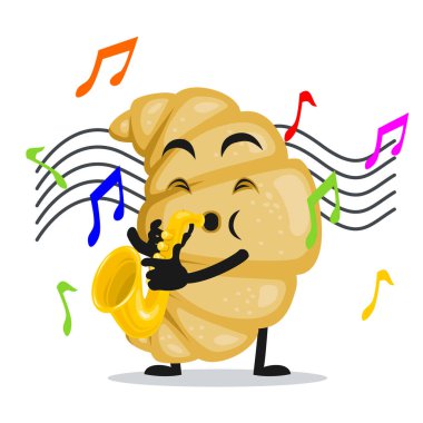 Kruvasan maskotu veya saksafon çalan karakterin vektör çizimi