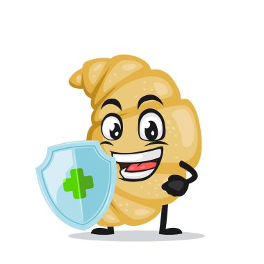 Kruvasan maskotunun vektör çizimi veya koruma için kalkan tutan karakter