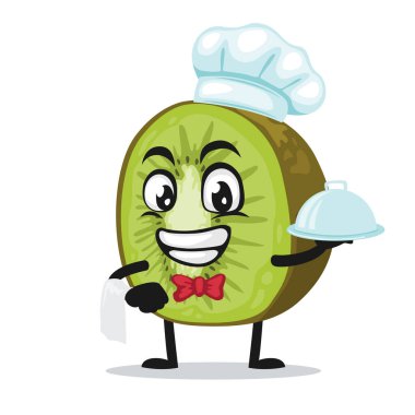 Şef şapkası takan ve yemek servisi yapan kivi maskotu veya karakterin vektör çizimi