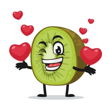 Kivi maskotu veya karakterinin vektör çizimi aşk sembolleri getirir