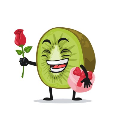 Kivi maskotu ya da karakterinin vektör illüstrasyonu Çiçek ver ve pembe hediyeyi tut