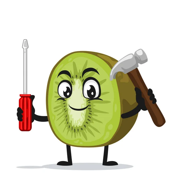 Vector Illustration Kiwi Mascot Character Holding Hammer Screwdriver — Stock Vector