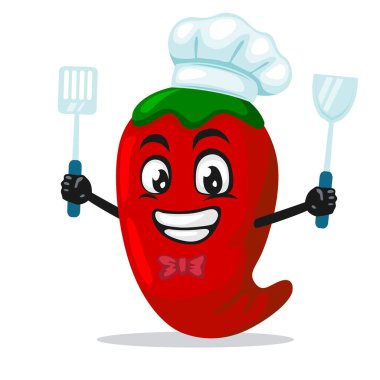 Şef şapkası takan ve spatula tutan kırmızı biberli maskot veya karakterin vektör çizimi