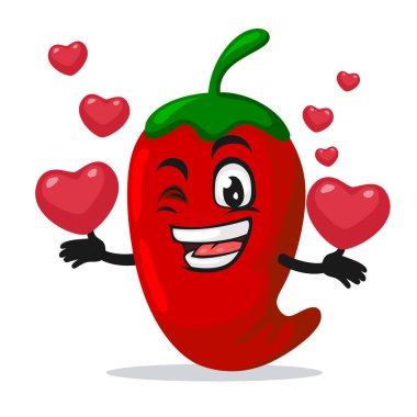 Kırmızı biberli maskot veya karakterin vektör çizimi aşk sembolleri getiriyor