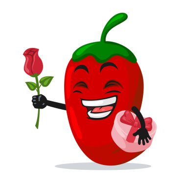 Kırmızı biberli maskot veya karakterin vektör çizimi çiçek ver ve pembe hediyeyi tut
