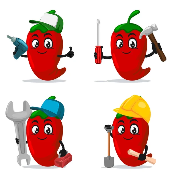 Vector Illustration Chilli Mascot Character Collection Set Service Repair Theme — Stock Vector