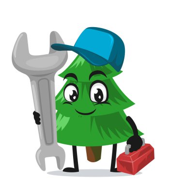 Ladin ağacı maskotunun vektör çizimi veya servis kostümü giyen ve İngiliz anahtarı tutan karakter