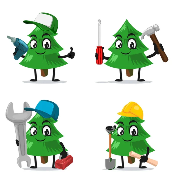 Vector Illustration Spruce Tree Mascot Character Collection Set Service Repair — Stock Vector