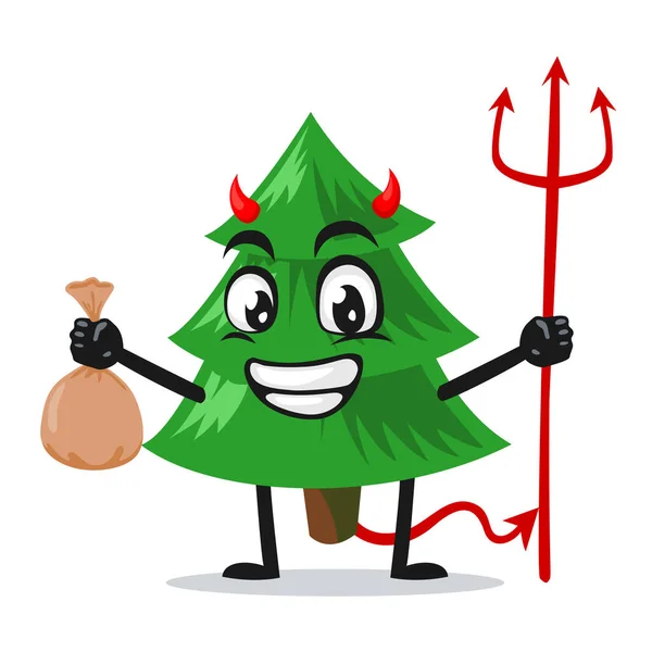 Vector Illustration Spruce Tree Mascot Character Wearing Devil Costume Holding — Stock Vector