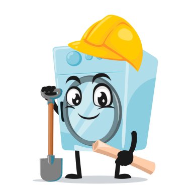 Çamaşır makinesi maskotu ya da müteahhit kostümü giyen karakter çizimi