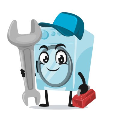 Çamaşır makinesinin maskotu ya da karakteri vektör çizimi servis kostümü giyiyor ve ingiliz anahtarı tutuyor