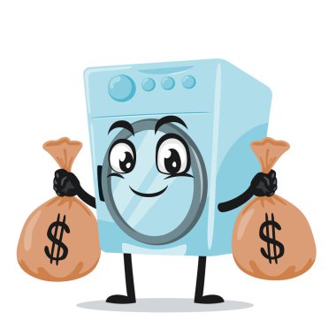 Çamaşır makinesi maskotunun vektör çizimi veya para çuvalları tutan karakter