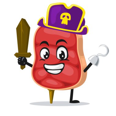 Korsan kostümü giyen ve tahta kılıç tutan et karakterinin veya maskotun vektör çizimi