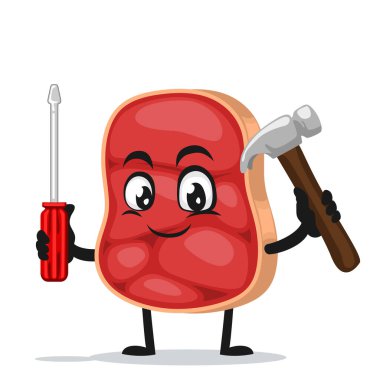 Çekiç ve tornavida tutan et karakterinin veya maskotun vektör çizimi