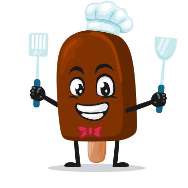 Çubuk maskotun üzerindeki çikolatalı dondurmanın vektör çizimi ya da şef şapkası takan ve spatula tutan karakter