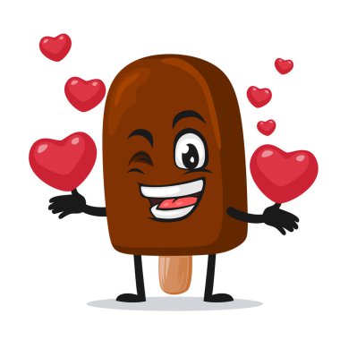 Çubuk maskot ya da karakter üzerindeki çikolatalı dondurmanın vektör çizimi aşk sembolleri getiriyor