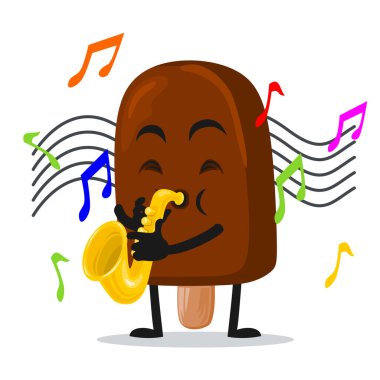 Çubuk maskot ya da saksafon çalan karakter üzerindeki çikolatalı dondurmanın vektör çizimi