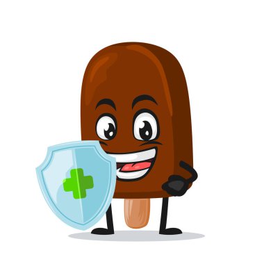 Çubuk maskotlu çikolatalı dondurmanın vektör illüstrasyonu veya koruma için kalkan tutan karakter