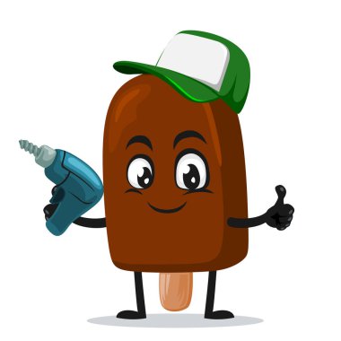 Çubuk maskotun üzerindeki çikolatalı dondurmanın vektör çizimi veya el matkabı.