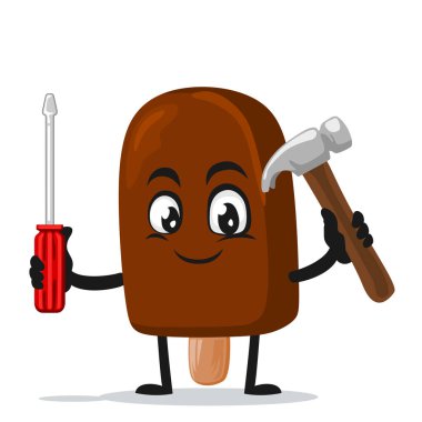 Çubuk maskot ya da elinde çekiç ve tornavida tutan karakter üzerindeki çikolatalı dondurmanın vektör çizimi