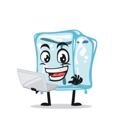 Dizüstü bilgisayarla maskot sunumunun buz küpü karakterinin vektör çizimi