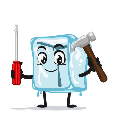 Maskotun çekiç ve tornavida tutan buz küpü karakterinin vektör çizimi