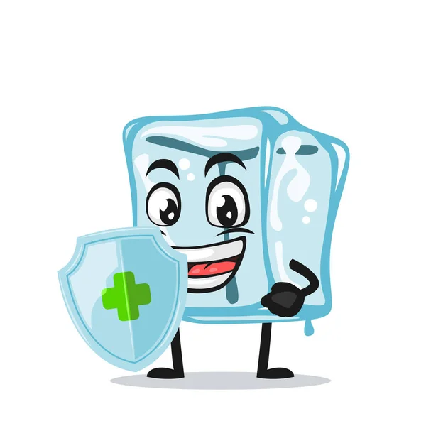 Illustration Vectorielle Caractère Cube Glace Bouclier Maintien Mascotte Pour Protection — Image vectorielle